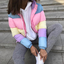 Load image into Gallery viewer, winter season is fun, original and eye-catching. We created this iconic rainbow design jacket to combine warmth, practicality and fashionable style.