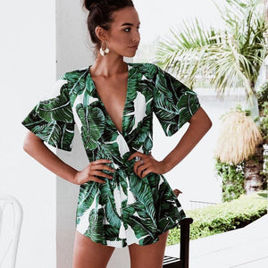 Green Leaf Deep V - Neck Exotic Women's Playsuit