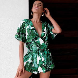 Green Leaf Deep V - Neck Exotic Women's Playsuit