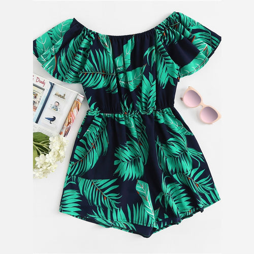 Tropical Vibes Off - Shoulder Leaf Print Women's Playsuit