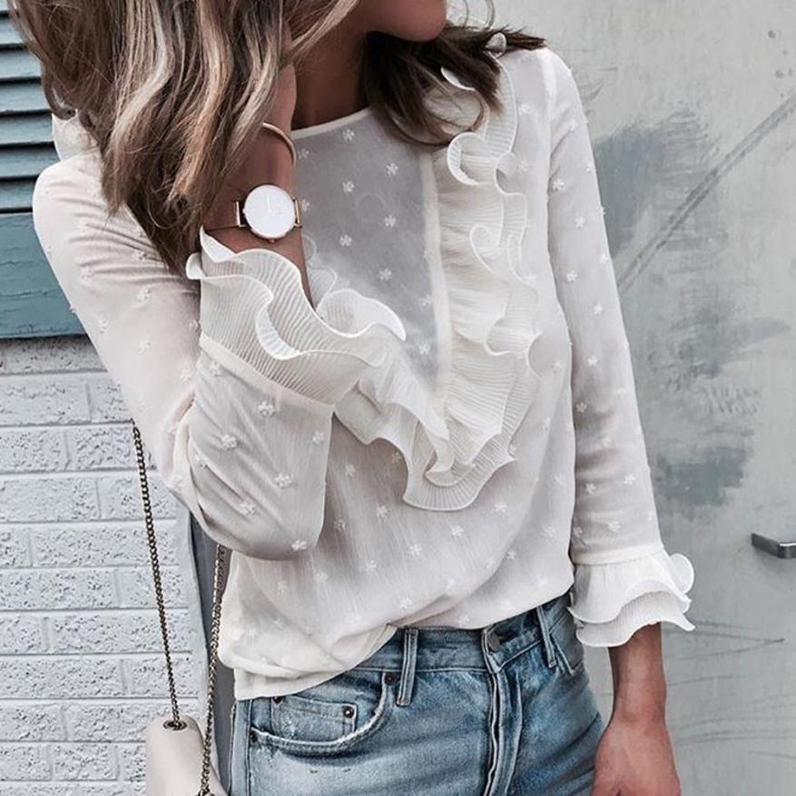 White Long Sleeve Ruffle Women's Blouse