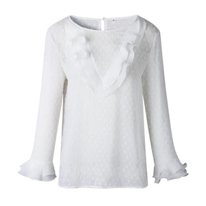 White Long Sleeve Ruffle Women's Blouse