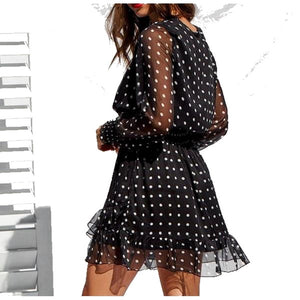 Black V - Neck Long Sleeve Polka Dot Women's Dress