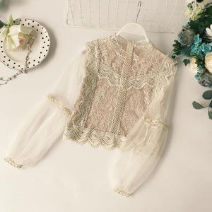 Long Sleeve Floral Design Lace Women's Blouse