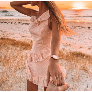 One Shoulder Pink Polka Dot Short Dress