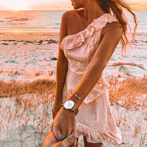 One Shoulder Pink Polka Dot Short Dress