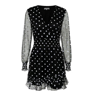 Black V - Neck Long Sleeve Polka Dot Women's Dress