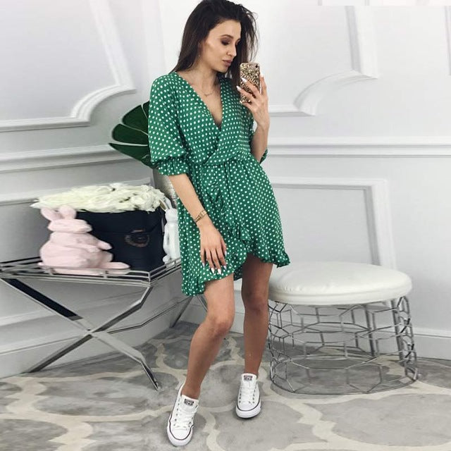 Ruffle Polka Dot Half Sleeve Women's Dress