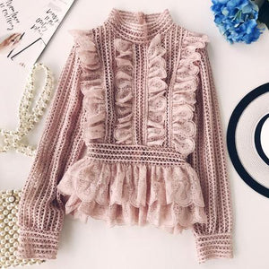 Elegant Ruffle Lace Long Sleeve Women's Blouse