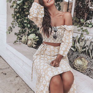 Floral Print Off Shoulder Ruffle Two Piece Dress