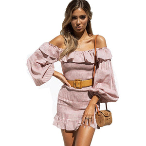 Long Sleeve Striped Off Shoulder Ruffle Women's Dress