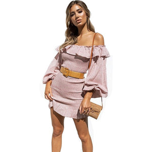 Long Sleeve Striped Off Shoulder Ruffle Women's Dress