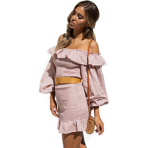 Long Sleeve Striped Off Shoulder Ruffle Women's Dress