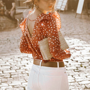 Elegant Ruffle Polka Dot Long Sleeve Women's Blouse