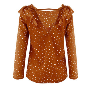 Elegant Ruffle Polka Dot Long Sleeve Women's Blouse