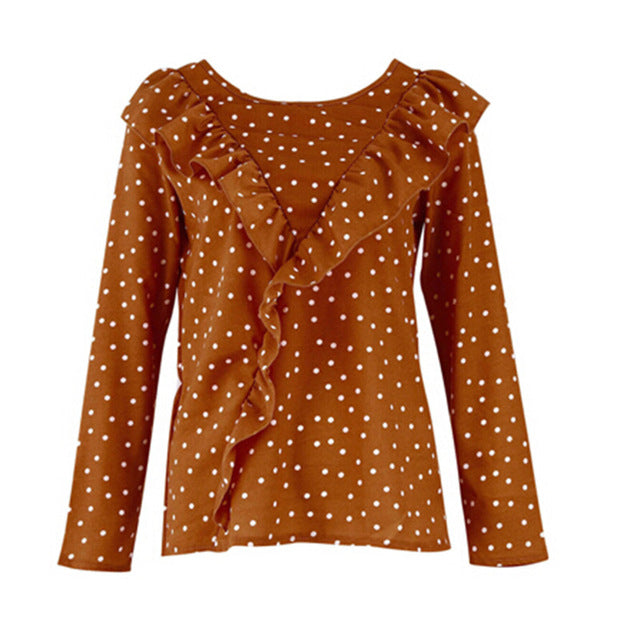 Elegant Ruffle Polka Dot Long Sleeve Women's Blouse